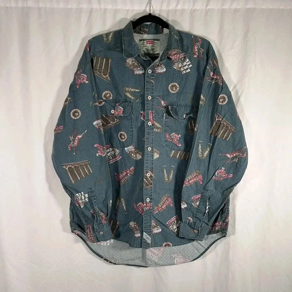 Levis Western Shirt Men's Large Button Up Long Sleeve Green Graphic Print Cotton